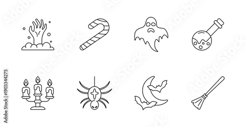 Halloween set icon. Rising hand, candy cane, ghost, potion, candelabra, spider, moon with bats, broomstick illustrated in spooky holiday theme.