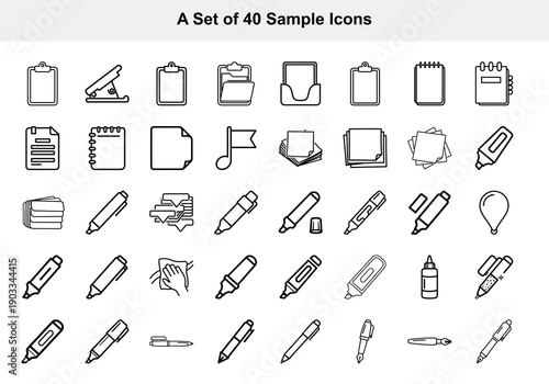 A collection of 40 minimalist black line icons representing office supplies and creative tools on a clean white background.