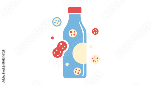 Creative flat graphic of a blue glass bottle with a red cap, surrounded by stylized representations of germs and bacteria, suggesting contamination or treatment.