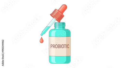Probiotic liquid dispensed from a dropper into a bottle, symbolizing health supplement and gut wellness.