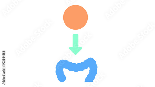 Orange sphere with multiple dots representing a substance or treatment, with a green arrow pointing to a blue intestine.