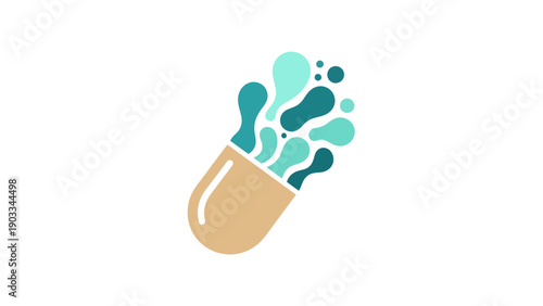 A single capsule, partially open, releasing a splash of colorful liquid or particles, signifying active ingredients.