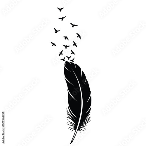 A black feather transforms into a flock of birds flying away against a white background.