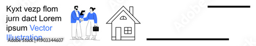 Business negotiations, real estate agreements, property deals, financial services, teamwork, real estate planning. Two professionals having a discussion with a house icon. Business negotiations