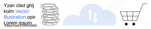 E-commerce, cloud storage, online transactions, digital payments, financial technology, shopping trends. Stacked coins, cloud with arrows and shopping cart icons. E-commerce and cloud storage