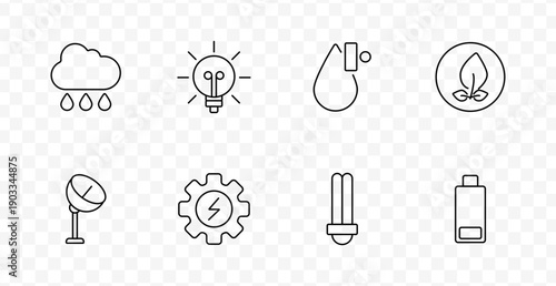 Energy and environment set icon. Line icons display rainfall, lightbulb, leaf, droplet with indicator, satellite, gear, and eco-friendly power elements in clean linear design.