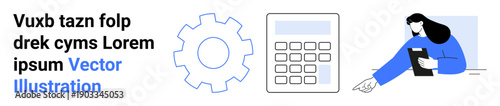 Business strategy, workflow optimization, productivity tools, teamwork, financial planning, data analysis. Gear icon, calculator woman reviewing documents. Workflow optimization and business