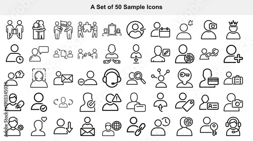 A collection of simple black line icons representing various user profiles and interactions on a white background, ideal for UI design.