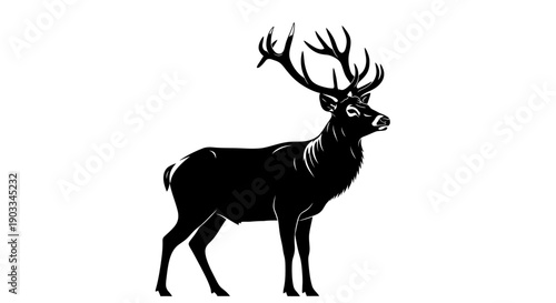 A majestic deer with large antlers standing alone in a minimalist silhouette on a white background