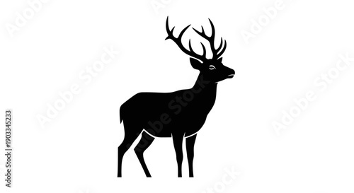 Black silhouette of an antelope with large antlers standing alone on a white background
