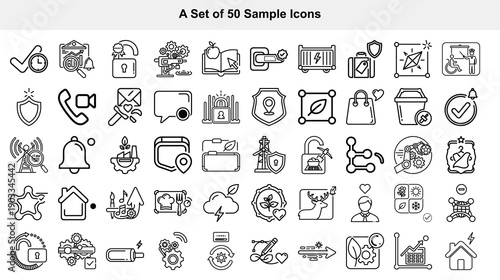 Collection of fifty simple black line icons on a white background, ideal for user interface design and digital applications.