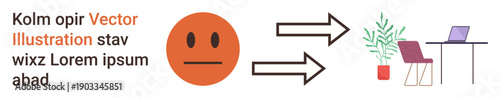 Emotions, decision-making, remote work, productivity, transitions, and problem-solving. Minimal face with arrows pointing to a desk and plant. Emotions and decision-making visualization