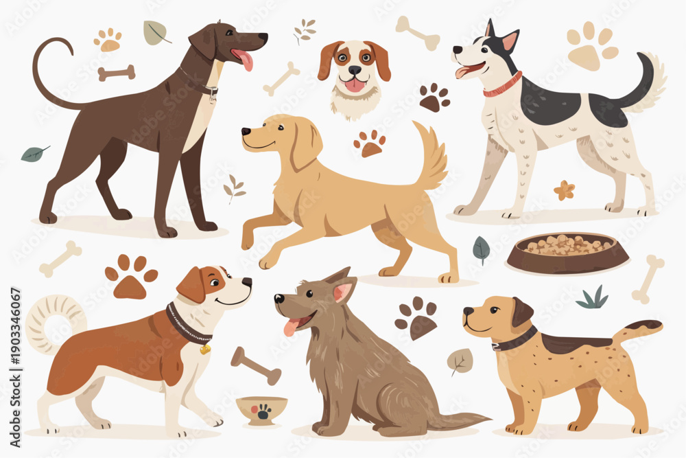 Fototapeta premium Diverse group of dogs in various breeds and poses with pet accessories on white background