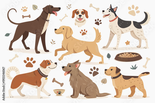 Diverse group of dogs in various breeds and poses with pet accessories on white background