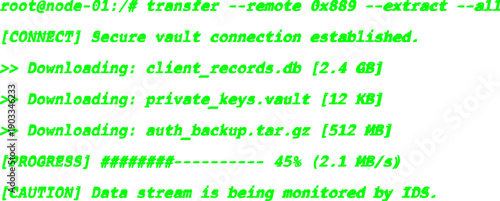 Cybersecurity terminal command line interface with scrolling code on black background