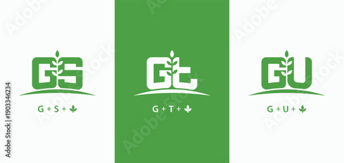 Set of initials letter GS, GT and GU with grow plant logo design. GS GT GU monogram nature leaf agriculture farm symbol logo collections
