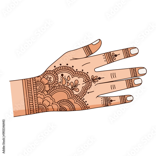 Intricate traditional henna mehndi design on female hand illustration