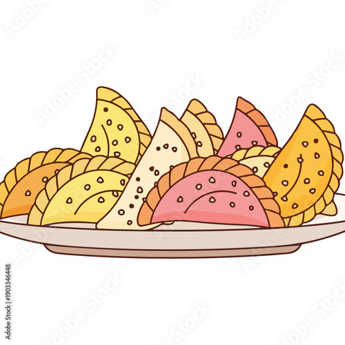 Assorted colorful fried dumplings on a white plate illustration