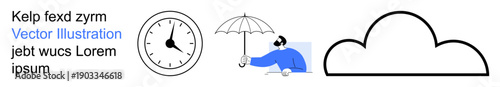 Time management, weather forecast, cloud storage, planning trends, business concepts, data protection. Features a clock, person holding an umbrella and a cloud icon. Time management and weather