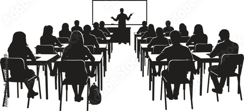 A classroom scene with a teacher and students in a lecture setting