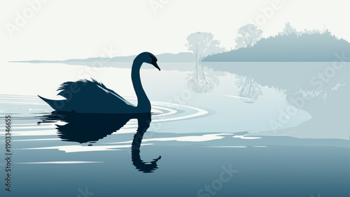Serene black swan gliding across calm lake with trees in background