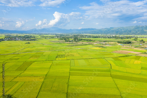 Vivid green and gold rice paddies form a striking patchwork across a broad plain near Dien Bien Phu, with distant villages and mountain ranges under a bright, partly cloudy sky. The landscape is