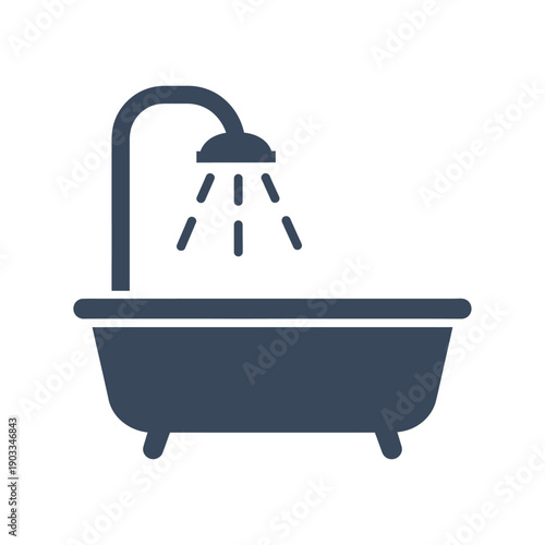A dark blue icon depicts a bathtub with a showerhead above it, showing falling water droplets.