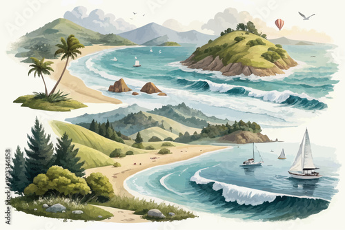 Serene coastal landscapes with rolling hills sailing boats and lush greenery