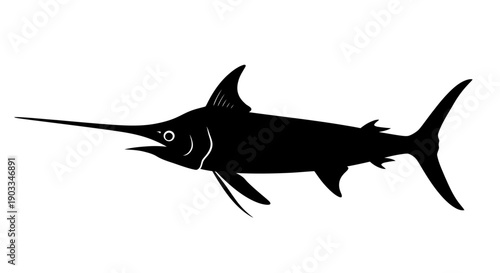 A sleek black marlin illustration in a minimalist vector style on a white background