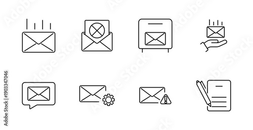 Mail set icon. Send, cancel, inbox, hand, warning, alert, gear, chat, message, verification, mail interaction, interface, approval.