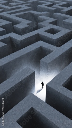 A lone figure stands illuminated at the entrance of a vast dark maze.