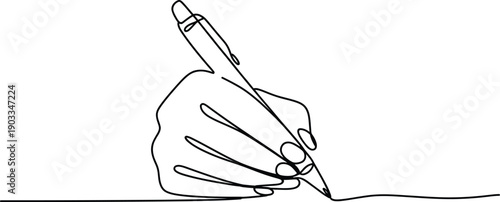 Minimalist oneline drawing of a hand holding a pen and writing on a surface with clear background