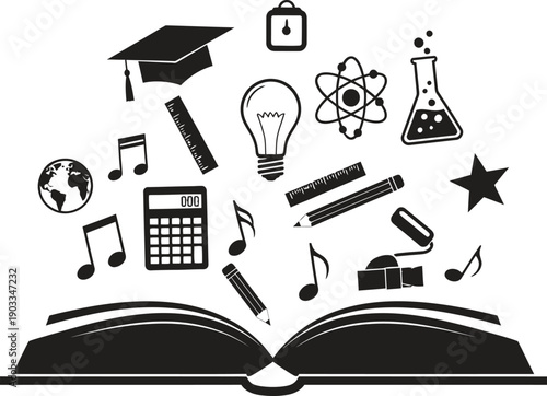 Education and learning symbols emerging from an open book