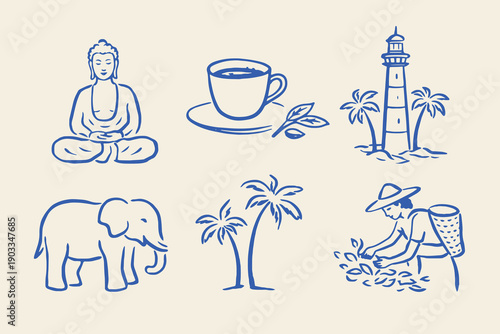 Sri Lanka icons Buddha tea elephant lighthouse vector illustration