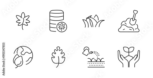 Ecology set icon. Leaf, coin stack, grass, soil with shovel, globe, large leaf, watering can, hands with sprout shown in environmental theme.