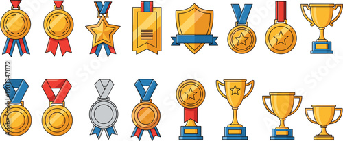Awards and trophies icons collection with medals shields ribbons and cups achievement success flat vector illustration