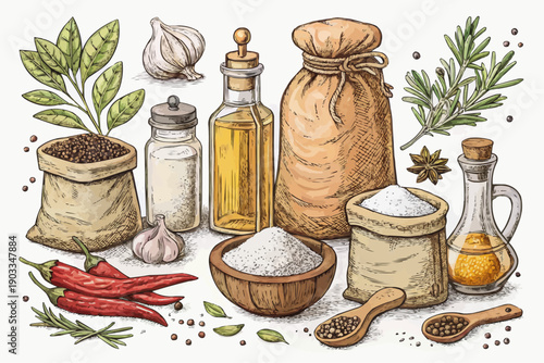 Colorful illustration of herbs and spices with oil bottles and containers on table
