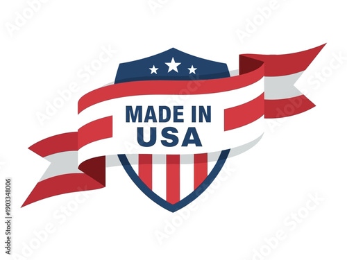 A patriotic shield with red, white, and blue stripes and stars, symbolizing the Made in USA label, surrounded by flowing ribbons