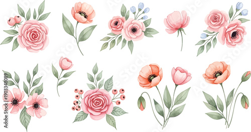 Beautiful watercolor floral collection featuring delicate pink and peach blossoms with green leaves, perfect for elegant design projects.