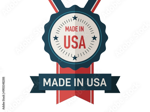 A patriotic label with a red, white, and blue ribbon displaying Made in USA in a circular emblem