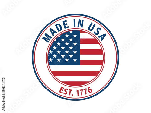 Circular emblem featuring American flag and 'Made in USA' text with establishment year