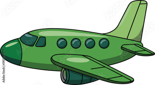 Cute cartoon airplane illustration showing green passenger aircraft in simple flat style, ideal for travel concepts, aviation education, kids designs, games, and playful graphics