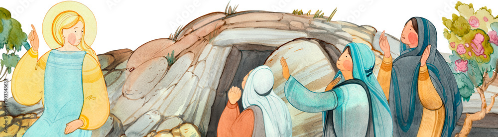 Naklejka premium Angel announcing resurrection to women at the tomb on transparent background. Easter story illustration, religious greeting card.