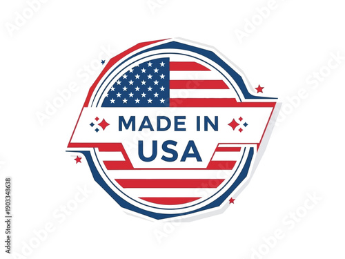 A circular emblem featuring the American flag and 'Made in USA' text in a patriotic illustration