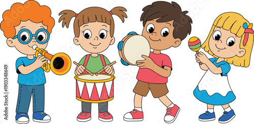 Cute cartoon children playing musical instruments illustration, happy kids music band activity, early childhood education concept, creative learning, flat vector style, isolated on white background
