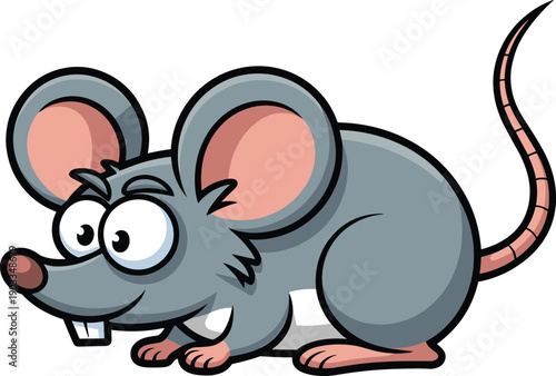 Cute cartoon mouse illustration featuring playful gray rodent character with big ears and tail, ideal for kids designs, mascots, education, and friendly animal graphics