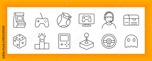 Gaming set icon. Arcade machine, gamepad, graduate cap, screen, headset, chest, dice, leaderboard, handheld console, joystick, steering wheel, and ghost icon used in gaming theme.