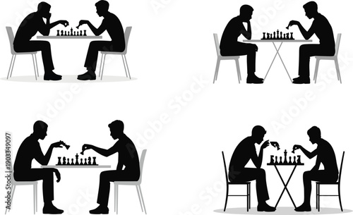 Chess Player Silhouette Set with People Seated at Game Tables for Strategy and Competition Concepts
