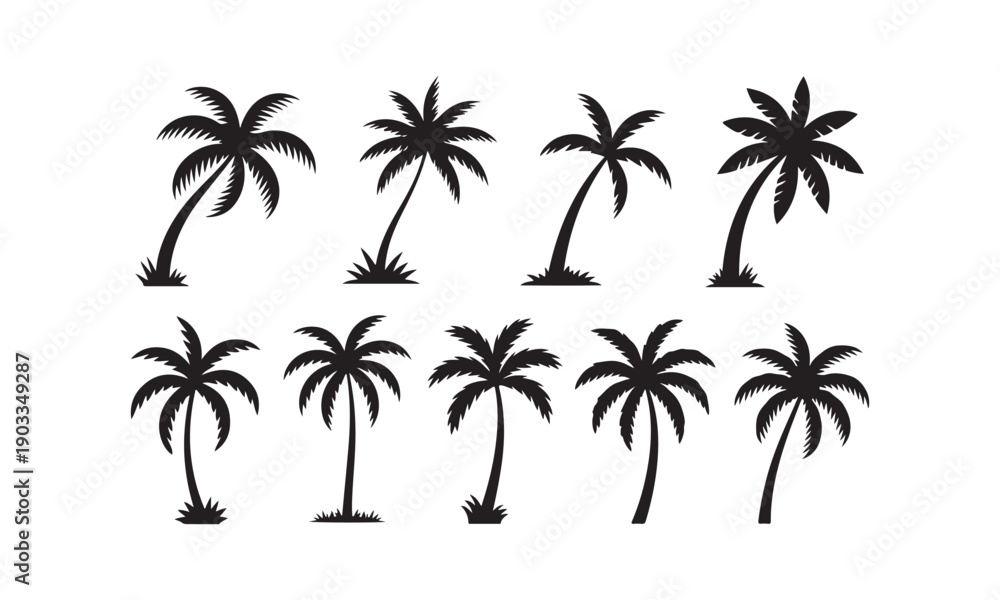 Fototapeta premium A diverse collection of black palm tree silhouettes with varying shapes and tropical foliage
