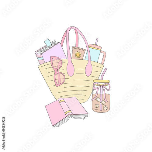 Cute Pastel Summer Tote Bag Illustration with Books, Sunglasses and Iced Coffee for Lifestyle Decor, Stationery, Apparel and Social Media Designs